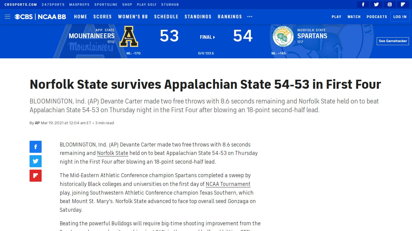 Norfolk State survives Appalachian State 54-53 in First Four